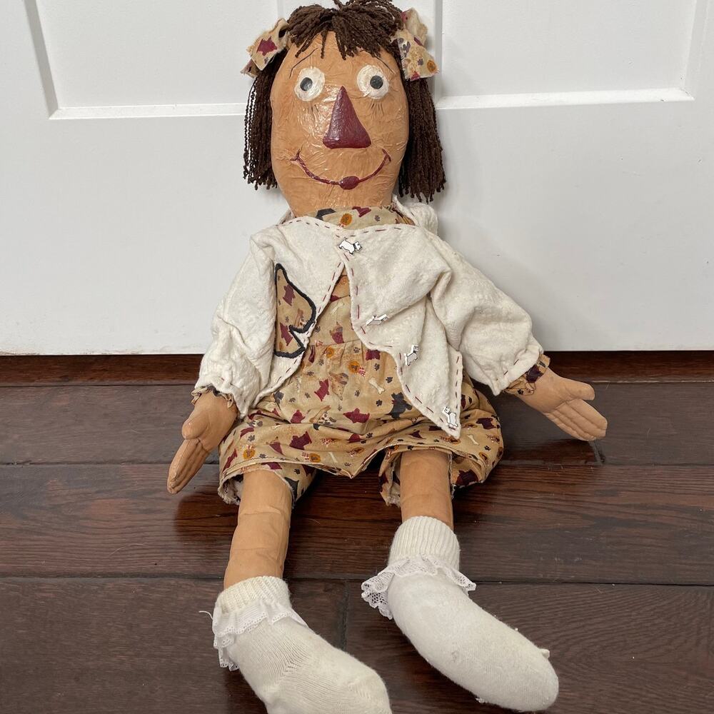 Primitive Raggedy Ann Doll Oil Cloth Americana Folk Art Rustic Artisan 24" FLAW